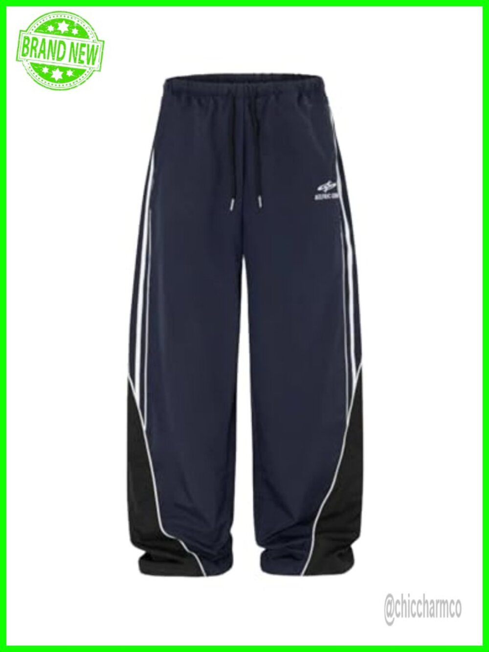 Embroidery Patchwork Striped Track Pants Baggy Wide Leg Drawstring